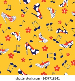 Repeat pattern in half drop. Shoes, high heels, pumps with flowers and music notes. Party, disco print in rockabilly style. Yellow, blue, red and white. Flat cartoon style in limited color palette.