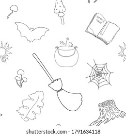 Repeat pattern of hand drawn in doodle style outline elements for autumn holiday Halloween party celebrations witchcraft symbols vector illustrations