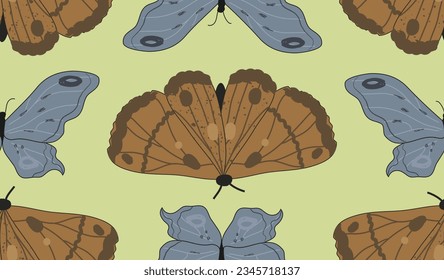 Repeat pattern of life-like blue and brown butterflies on light green backdrop. Natural hand drawn background of flying moths.
