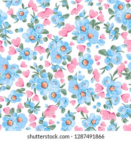 Repeat pattern of lovely light blue blossoms and small pink hearts. Vector design. Suitable for valentines day. The floral pattern on the white background. 
