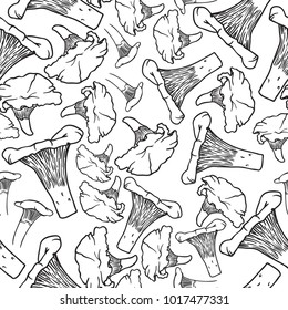 Repeat pattern with many Chanterelle mushrooms in line art style in black and white colors, vector print illustration isolated on white background