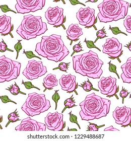 Repeat pattern with many pink roses, vector illustration, realistic sketch of rose