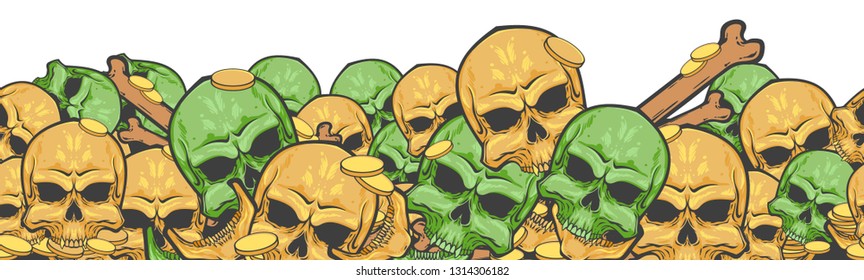 Repeat pattern with many skulls, bones and gold coins, vector illustration