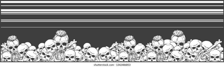 Repeat pattern with many skulls and bones, vector illustration