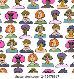 repeat pattern people human characters portraits in doodle style in vector. template for design postcard poster print wallpaper backdrop background wrapping textile