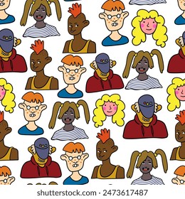 repeat pattern people human teenagers character portrait in doodle style in vector. template for design postcard poster print wallpaper backdrop background wrapping textile