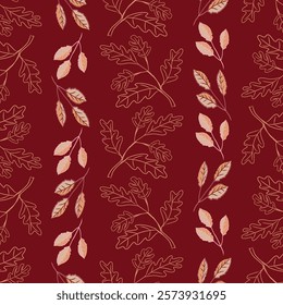 Repeat pattern of pink and fawn leaves, outline and filled, on a dark red background.

Designed by Anne Hickly, www.marbledbeauty.co.uk