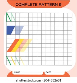 Repeat Pattern, Puzzle. Copy Picture. Special for preschool kids. Printable Kids Worksheet for practicing fine motor skills. Learn colors. Attention Exercise. Teachers Resources. Orange.