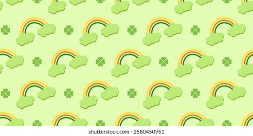 Repeat pattern with rainbows and shamrock on green background. Great for Irish holiday St Patricks Day and spring design. Cute rainbow bridges for Patricks Day. Symbol of good luck. Cover, wrapping