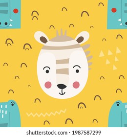 Repeat pattern safari animals kids fabric. Design your own wallpaper vector illustration. Cute zebra and crocodile on yellow background.