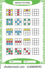 Repeat pattern. Square with colorfull circles. Special for preschool kids. Worksheet for practicing fine motor skills. Improving skills tasks. Green A4. Snap game.
