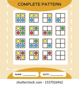 Repeat pattern. Square grid 2x2 with colorfull circles. Special for preschool kids. Color Worksheet for practicing fine motor skills. Improving skills tasks. Snap game. Square frame. Orange. Vector