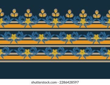 repeat pattern stitch embroidery navy blue background flower   curve leave  Hand drawing strip orange   yellow top flower decoration  Scrap book  print demany  Ethnic ikat pattern 