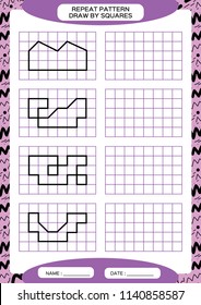 Repeat Pattern. Tracing Lines Activity, Special for preschool kids. Worksheet for practicing fine motor skills. Simple shapes. Complete the pattern. Symmetry. Purple A4