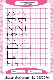Repeat Pattern. Tracing Lines Activity, Special for preschool kids. Worksheet for practicing fine motor skills. Simple shapes. Complete the pattern. Purple A4