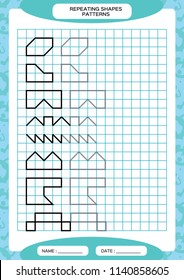 Repeat Pattern. Tracing Lines Activity, Special for preschool kids. Worksheet for practicing fine motor skills. Simple shapes. Complete the pattern. Blue A4