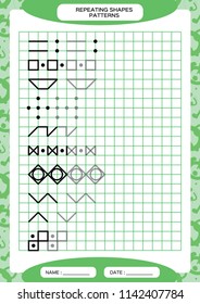 Repeat Pattern. Tracing Lines Activity, Special for preschool kids. Worksheet for practicing fine motor skills. Simple shapes. Complete the pattern. Green A4 Vector