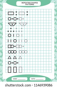 Repeat Pattern. Tracing Lines Activity, Special for preschool kids. Worksheet for practicing fine motor skills. Simple shapes. Complete the pattern. Blue A4 Vector