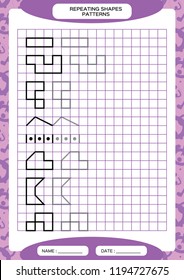 Repeat Pattern. Tracing Lines Activity, Special for preschool kids. Worksheet for practicing fine motor skills. Simple shapes. Complete the pattern. Purple A4