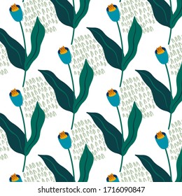 Repeat pattern with tulip flowers in blueand green leaves on white background. Hand drawn background. Vector tiles design.  For fashion summer fabric, gift wrap, wallpaper and package design