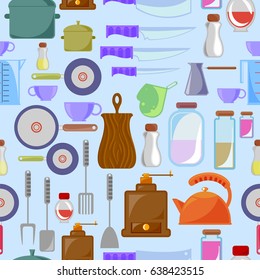 Repeat pattern of various kitchen utensils and tools. Vector illustration isolated on blue background. Cartoon flat style