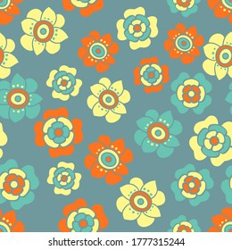 Repeat pattern vector tile of sixties inspired floral in a cute design. Petrol blue, lemon and orange make a trendy backdrop for any surface especially retro decor and apparel. Sweet, pretty and fun. 