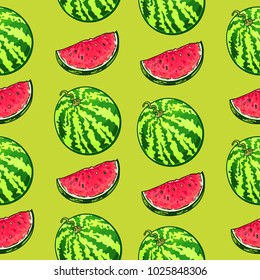 Repeat pattern with watermelon and this slices, vector illustration isolated on green background