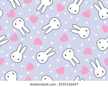 REPEAT PATTERN WITH WHITE BUNNY HEAD AND PINK HEARTS WITH WHITE POLKA ON BLUE BACKGROUND. SLEEPWEAR AND PAJAMAS SEAMLESS PRINT IN VECTOR FILE