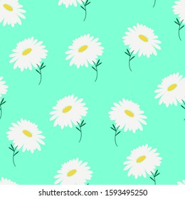 Repeat pattern of white ox-eye daisy flowers and green leaves on the trendy aqua menthe background, vector simple illustration, can be used for making textile, stationary, home decor