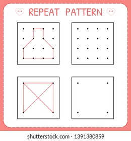 Repeat pattern. Working pages for children. Kindergarten educational game for kids. Preschool worksheet for practicing motor skills. Vector illustration