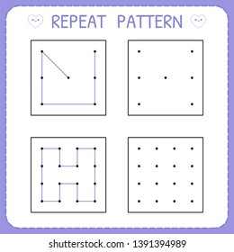 Repeat pattern. Worksheet for kindergarten and preschool. Educational games for practicing motor skills. Working pages for kids. Vector illustration