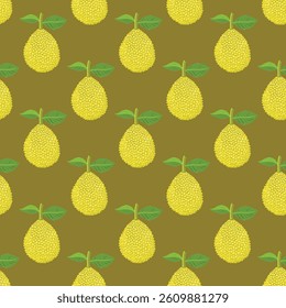 Repeat Pattern of Yellow Textured Fruits with Green Leaves on Olive Background
