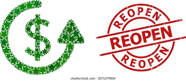 Repeat payment star pattern and grunge Reopen seal. Red imprint with grunge style and Reopen caption inside circle. Abstract repeat payment collage is organized with random flat star parts.