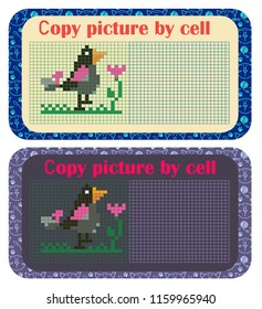 repeat the picture by cells, Learn and play,  Game for preschool children, to develop the child's attention, drawing card, for children, crow