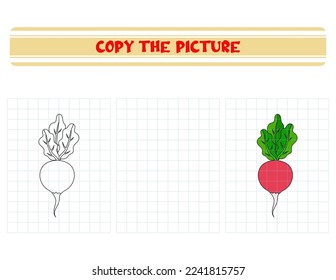 Repeat the picture. Coloring book for kids. Children's education. Vegetable radish