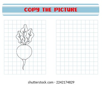 Repeat the picture. Coloring book for kids. Children's education. Vegetable radish