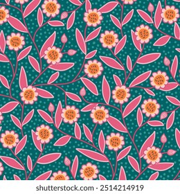 Repeat pink and green floral pattern with hand-drawn daisies and leaves in saturated magenta and teal colours. Folk-style botanical print for textiles, wallpapers, and decoration