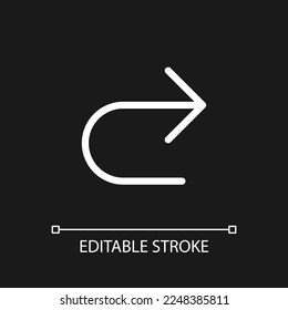 Repeat pixel perfect white linear ui icon for dark theme. Redo action. Move to next step. Vector line pictogram. Isolated user interface symbol for night mode. Editable stroke. Arial font used