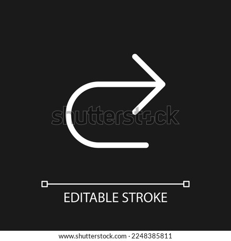 Repeat pixel perfect white linear ui icon for dark theme. Redo action. Move to next step. Vector line pictogram. Isolated user interface symbol for night mode. Editable stroke. Arial font used