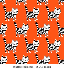 Repeat print with cats for fabric kids textile clothes, bed linen, outerwear: demi season jackets, winter quilted coats, baby overalls, boots pouters. Animals cats seamless pattern. Orange background.