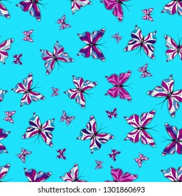Repeat print. Endless. Vector illustration. A seamless background pattern with tender teal in purple, white and blue abstract watercolor butterflies.