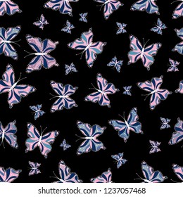 Repeat print. Vector illustration. A seamless background pattern with tender teal in neutral, blue and black abstract watercolor butterflies. Endless.