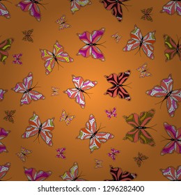 Repeat print. Vector illustration. A seamless background pattern with tender teal in orange, white and pink abstract watercolor butterflies. Endless.