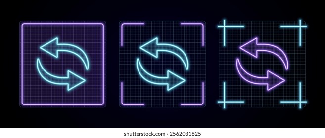 Repeat refresh icon illustration, cyber neon visual, glowing border grid vector.