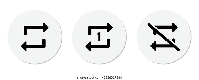 Repeat, replay, next song and don't repeat song icons. Repeat music button icon vector for media player application.  Isolated repeat player button multimedia sign designs in white circle.