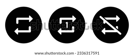 Repeat, replay, next song and don't repeat song icons. Repeat music button icon vector for media player application.  Isolated repeat player button multimedia sign designs in black circle.