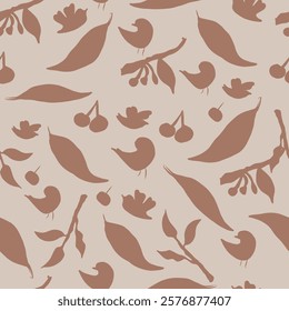 Repeat scatter pattern of mocha moose colour birds, leaves, cherries and branches.