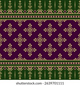 Repeat, seamless geometric pattern in purple, gold and green colors. Ethnic, native ornament pattern design. Abstract continuous traditional embroidery tracery art.