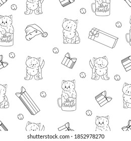 Repeat seamless pattern of cats and kittens with different emotions, christmas and birthday gifts, Santa Claus hat for coloring book