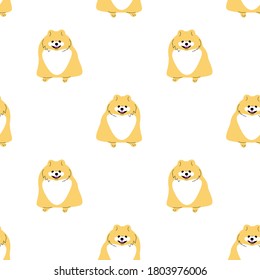 Repeat seamless pattern with flat style cute pomeranian spitz dogs on white background. Stock vector illustration.